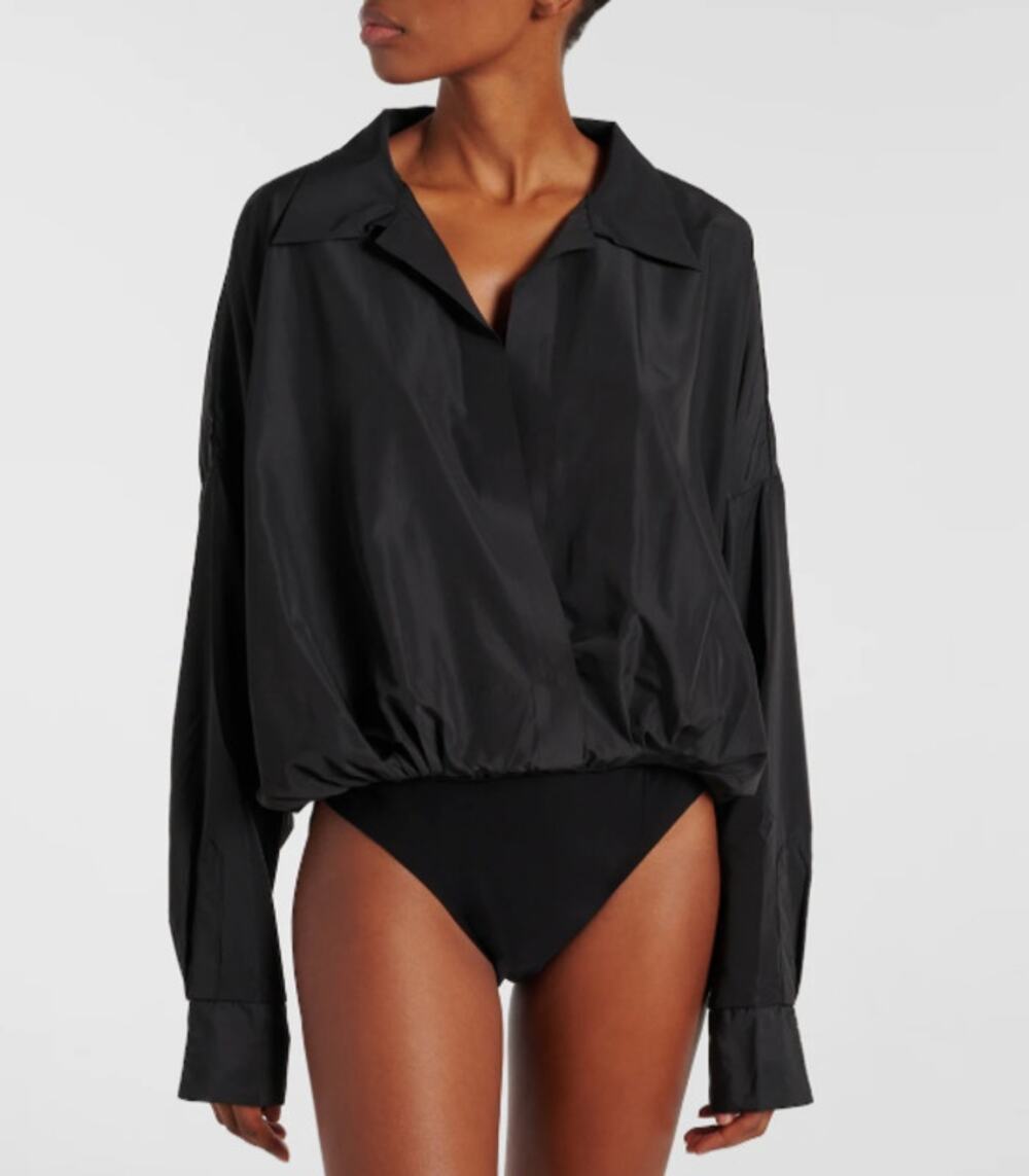 NORMA KAMALI Super Oversized Boyfriend Shirt Bodysuit Small Habotai Black NWOT
